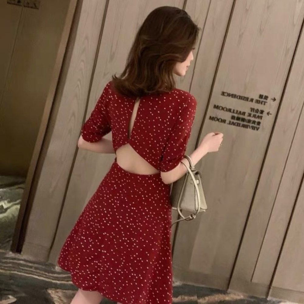 Sexy cut out back polka dots red mini dress